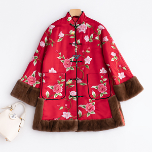 cpp484秋冬复古中式改良唐装刺绣加厚水貂毛边绣花棉服棉衣女棉袄