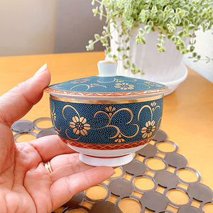 日本直邮九谷烧手绘金彩青粒铁仙汤吞美山正峰茶碗茶杯主人杯茶具