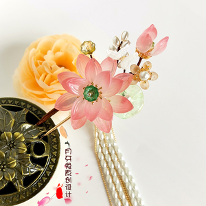 月牙兔原创设计粉红色荷花珍珠流苏仙女簪子 古装汉服中国风发饰