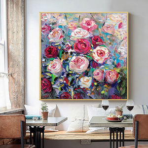 美式简约客厅手绘油画玫瑰花装饰画抽象粉色花卉肌理画玄关挂壁画