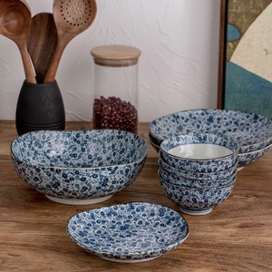 美浓烧日本进口陶瓷碗和风家用餐具釉下彩日式大汤碗蓝花草碗盘子