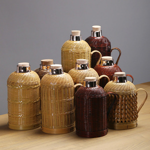 手工竹编热水瓶编花学生老复古暖壶皮茶瓶暖瓶水壶餐厅碳化开水瓶