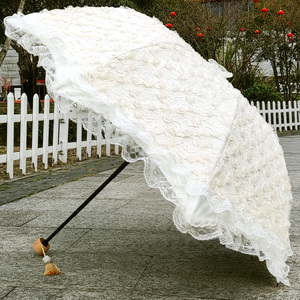 太阳伞黑胶遮阳防晒防紫外线蕾丝绣玫瑰花米白色三折叠女神晴雨伞