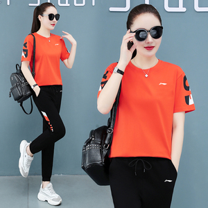 李宁运动服套装女夏季宽松跑步健身广场舞服装定制纯棉短袖两件套