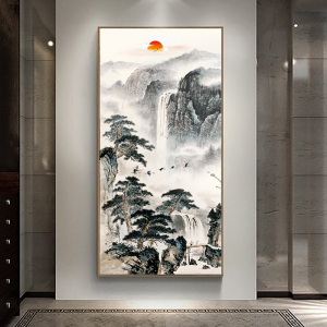 新中式迎客松山水画入户玄关装饰画办公室国画走廊过道竖版挂画墙