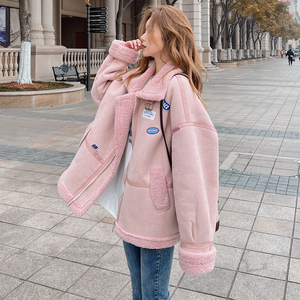 粉色羊毛羔外套女2022冬季新款高级感皮毛一体鹿皮绒加厚机车棉服