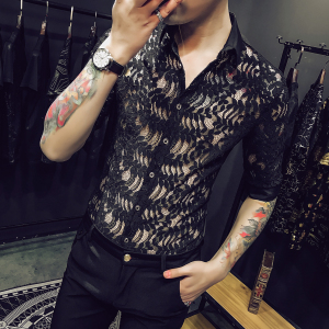 个性非主流镂空透明衬衫男七分中袖上衣夏季薄款蕾丝冰丝衬衣修身
