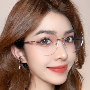 切边无框眼镜女平光超轻防蓝光护目近视镜变色素颜网红优雅有度数