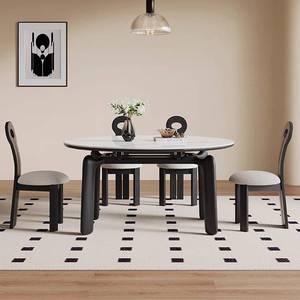法式复古大象脚实木伸缩岩板餐桌可变圆桌小户型白蜡木实木餐桌