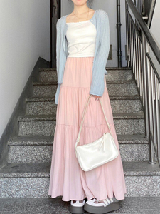 粉色半身裙女夏季新款白色长款裙子a字长裙小个子蓬蓬半裙蛋糕裙