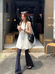 韩版显瘦马甲衬衫白色蓬蓬背心女装夏季碎花微喇裤休闲裤子两件套