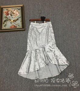 欧货女新款春意大利制twin-set银色重工亮片鱼尾式美人鱼半身裙特