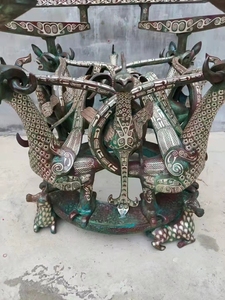 仿古青铜器战国中山国错金银四龙四凤铜方案座摆件古董.