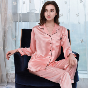 洁绣女春夏新款桑蚕丝睡衣两件套丝绸家居服长袖真丝睡衣套装