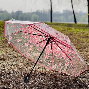 QIUTONG彩色折叠透明雨伞三折透明伞创意雨伞包邮樱花伞女士用伞
