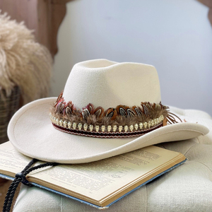 美国西部牛仔帽男士秋冬户外旅行藏族骑士帽子女骷髅羽毛呢爵士帽