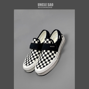 原创高街半印棋盘格帆布鞋低帮fog魔术贴懒人鞋一脚蹬夏款鞋情侣