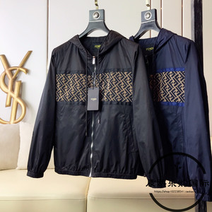 fendi芬迪春夏新款双f字母提花拼接休闲夹克上衣男装连帽薄款外套