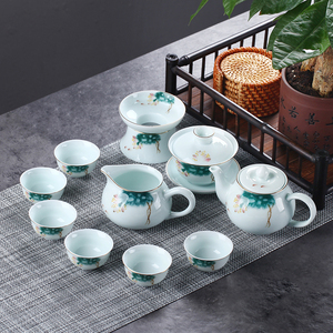 影青彩荷功夫茶具套装高温陶瓷整套茶具简约现代描金盖碗茶壶茶杯