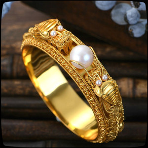 润宝斋 古法手工 花丝掐丝 皇家宫廷故宫双龙戏珠手镯子大珍珠