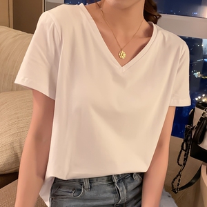 纯白色v领上衣女套头短袖法式v领t恤女2020年新款宽松韩版t桖夏季
