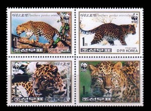 朝鲜1998熊猫徽WWF珍稀动物豹子4全方连新