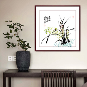 纯手绘真迹兰花图国画花鸟画卧室餐厅挂画正方形小品斗方画实木框