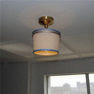 美式乡村水桶布罩灯简约卧室客厅书房玄关过道阳台黄铜吸顶灯全铜