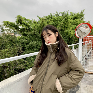 现货yuki小树家保暖军绿色高领羊羔毛棉服外套韩