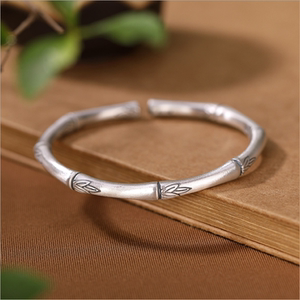 s999足银竹节手镯复古做旧竹叶开口手环女款中国风时尚银镯子银饰