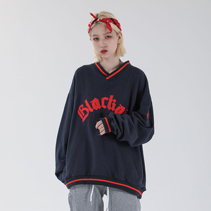 blackair 美式复古街头潮牌字母刺绣v领棒球服男女宽松bf套头卫衣