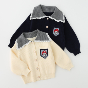 高品质女童蘑菇口袋花边翻领毛衣开衫儿童羊绒混纺针织衫宝宝线衣