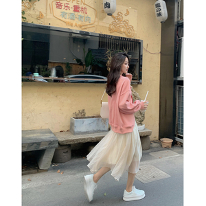 佐佐家小个子韩式甜美纱裙女春秋米白色百搭显瘦波浪边半身裙