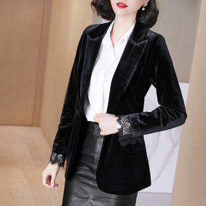 丝绒西装外套女2020秋冬新修身百搭黑色蕾丝花边长袖西服上衣2508