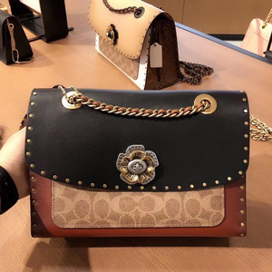 coach/蔻驰女包新款parker山茶花铆钉单肩斜挎手提链条翻盖小方包