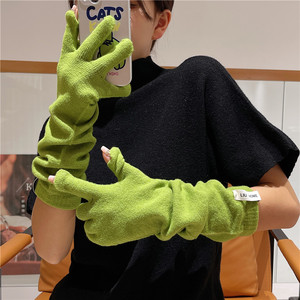 牛油果绿加长款针织手套女秋冬季韩版露指可触屏护腕袖套简约保暖