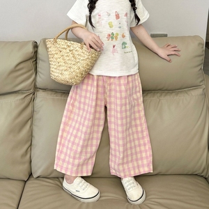 韩版时髦粉色女童格子长裤夏季2024新品薄款中小儿童女宝阔腿裤