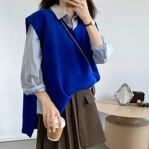 春款克莱因蓝毛衣背心女v领蓝色针织马甲侧开叉叠穿马夹坎肩外穿