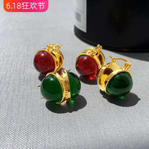 祖母绿色琉璃红宝石双面耳环女夏耳钉法式耳扣复古气质圆球耳饰品