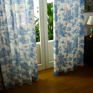 厂家田园欧式古典风格Toile Curtain Fabric棉麻窗帘半遮光打孔成