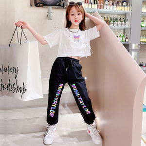 爵士舞服装女童炸街潮装街舞上衣露肚脐套装裤子演出服反光衣服夏