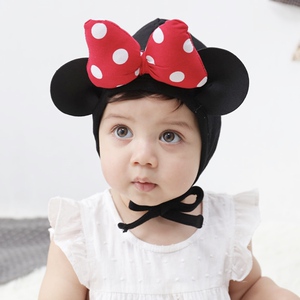ins网红婴儿蝴蝶结发带护囟门帽可爱米奇耳朵头饰宝宝包头护耳帽