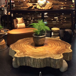 乌金木茶几不规则圆形树桩原木质整板茶桌怀旧复古民宿胡桃木大板