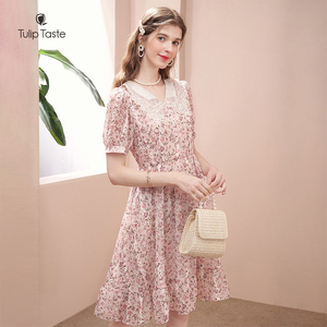 郁香菲官方碎花连衣裙夏小清新新款法式雪纺泡泡袖收腰雪纺女裙子