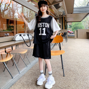 篮球服女假两件儿童欧文11号球衣ins潮夏季假两件长款女童训练服