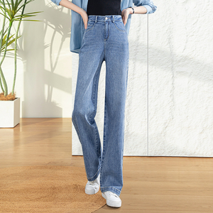 雅思诚蓝色天丝牛仔裤女夏季薄款2024新款高腰显瘦窄版阔腿长裤子