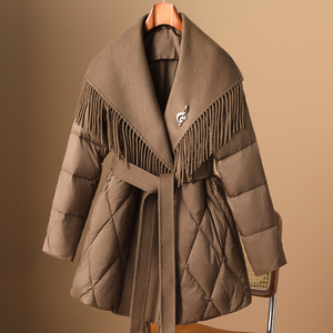 高端设计感流苏羽绒服女冬小个子美拉德洋气欧货中长款羊毛呢外套