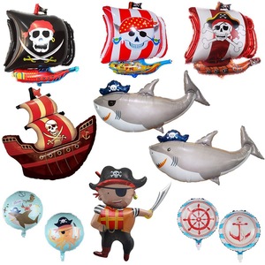 新款海盗船18寸圆形气球万圣节主题派对海盗贼骷髅头鲨鱼铝膜气球