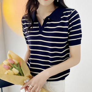 棉立方原版领子大板型领韩版条纹短袖针织衫女薄款设计感显瘦上衣