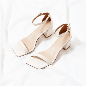 法式优雅sw一字带凉鞋女高跟粗跟白色2021夏季新款复古方头高跟鞋